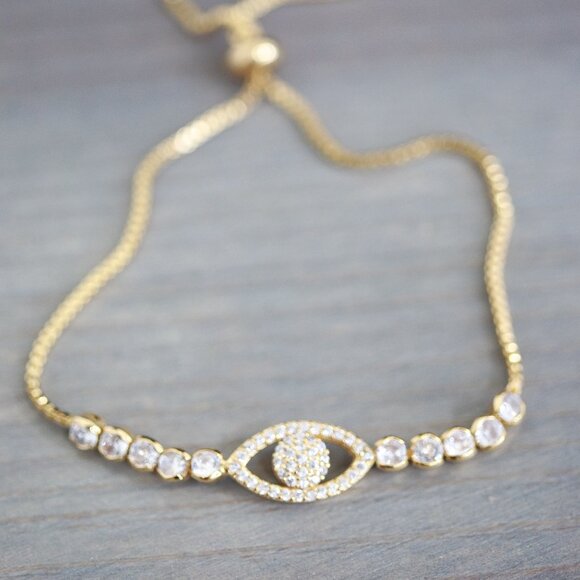 Jewelry - Evil Eye Style with CZ Diamond Tennis Style Slider Bracelet 18k Gold Plated
